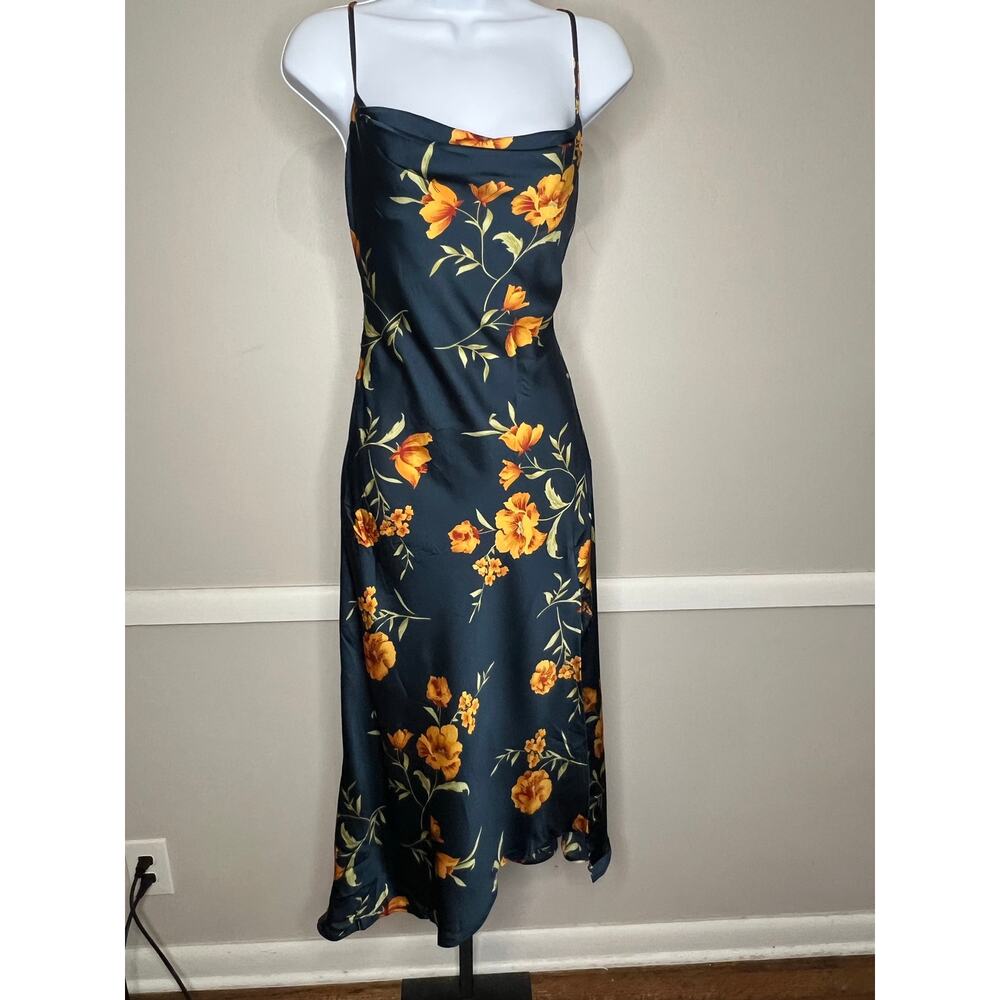 ASTR The Label Floral Satin Slip Midi Dress Navy Orange XS NWOT - Picture 3 of 8